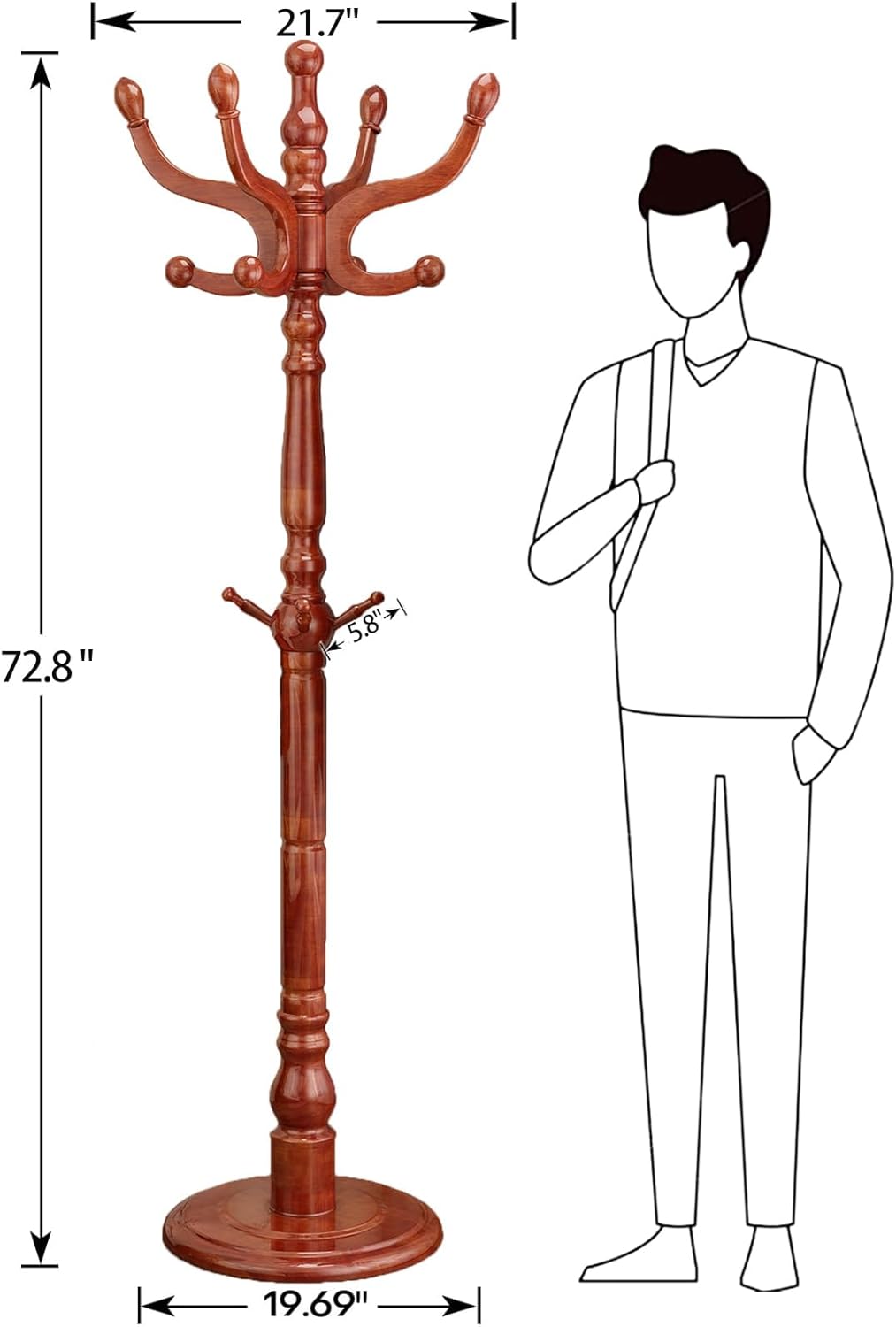 Wooden Coat Rack, Heavy Duty Coat Rack Freestanding with 11 Smooth Hooks, Coat Tree, Vintage Clothes Hanger Stand with Stable Disc Base for Bedroom, Entryway, Office-Load 180lbs (Light Brown)