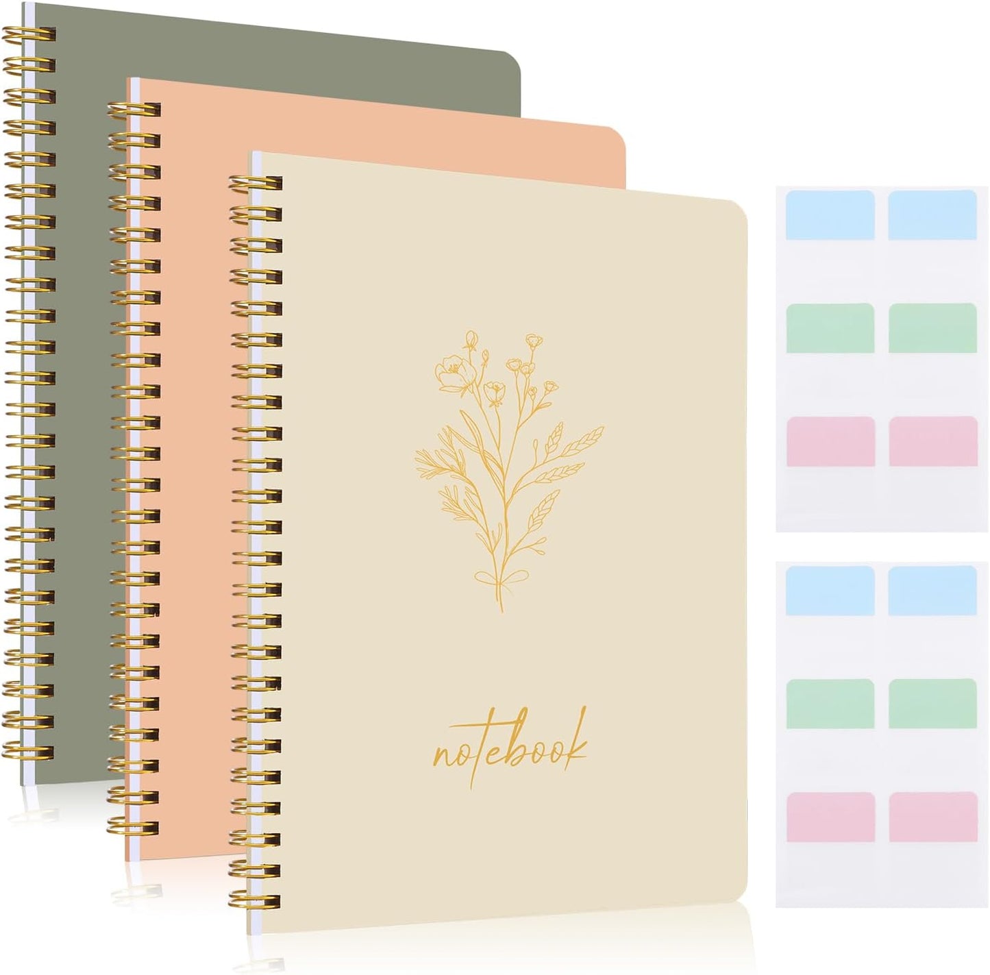 3 Pcs Spiral Notebook 5.9x8.3, 140 Pages Small Notebook for Women A5 College Ruled Journals Cute Notebooks with Large Pockets and Index Stickers for Home School Office Use（Green, Beige, Orange）