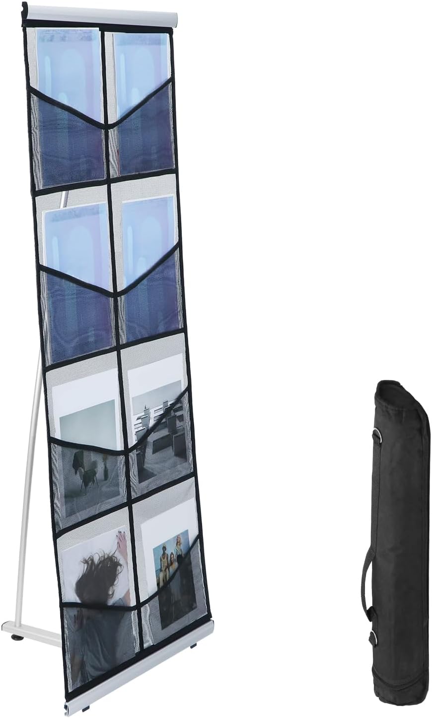 QWORK Portable Mesh Brochure Holder with 8 Pockets, Collapsible Design Standing Brochure Holder, 20" x 14" x 54" Metal Stability Stand
