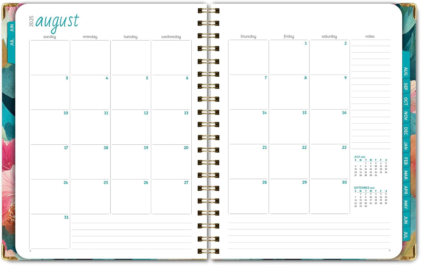 HARDCOVER Academic Year 2025-2026 Planner: (June 2025 Through July 2026) 8.5"x11" Daily Weekly Monthly Planner Yearly Agenda. Bookmark, Pocket Folder and Sticky Note Set (Teal Floral)