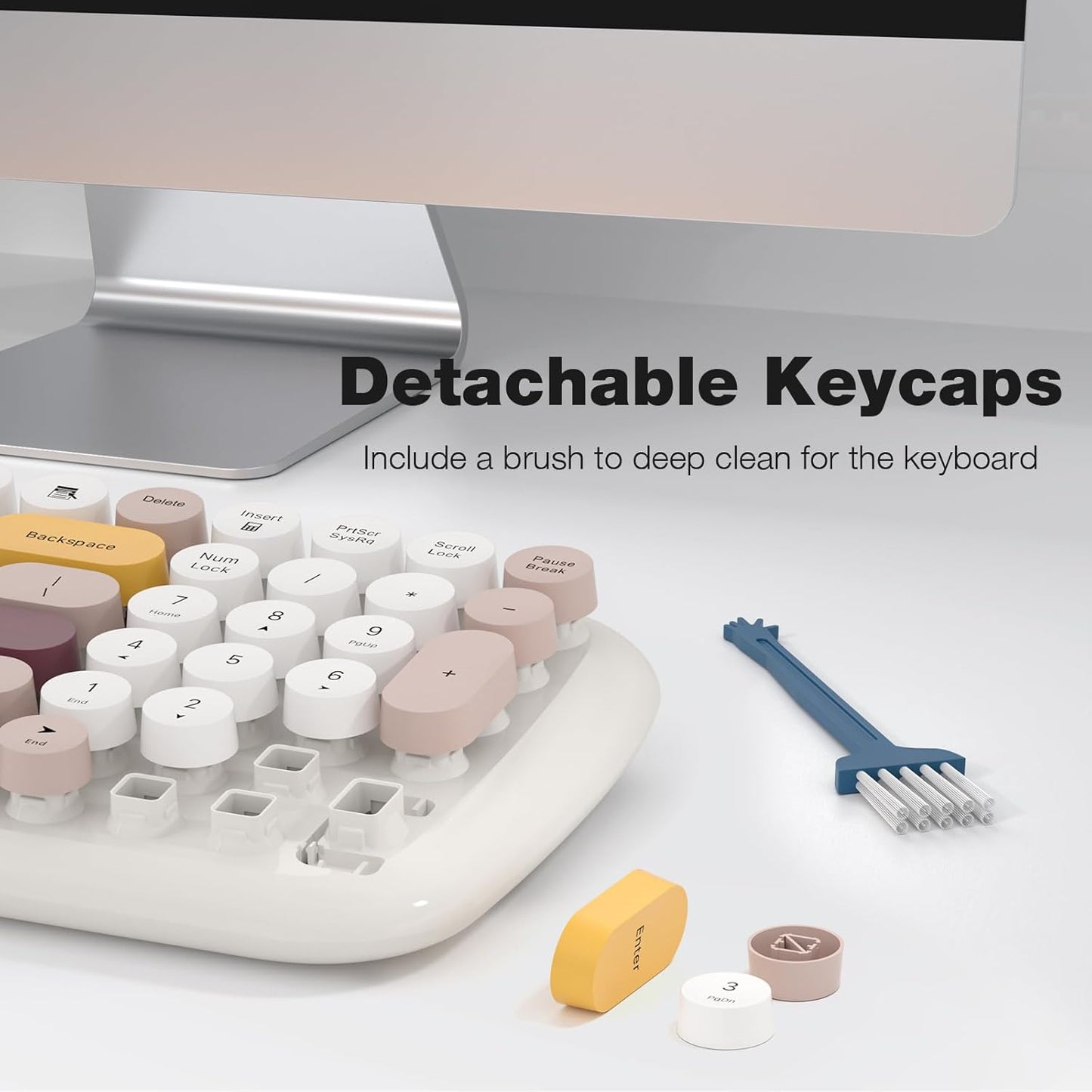 Wireless Keyboard and Mouse Combo, MOWUX - Modern Compact Layout, Colorful Compact Candy Mouse and Retro Round Keyboard Set with Cover, for PC/Laptop/Windows/Mac - Off-White Colorful