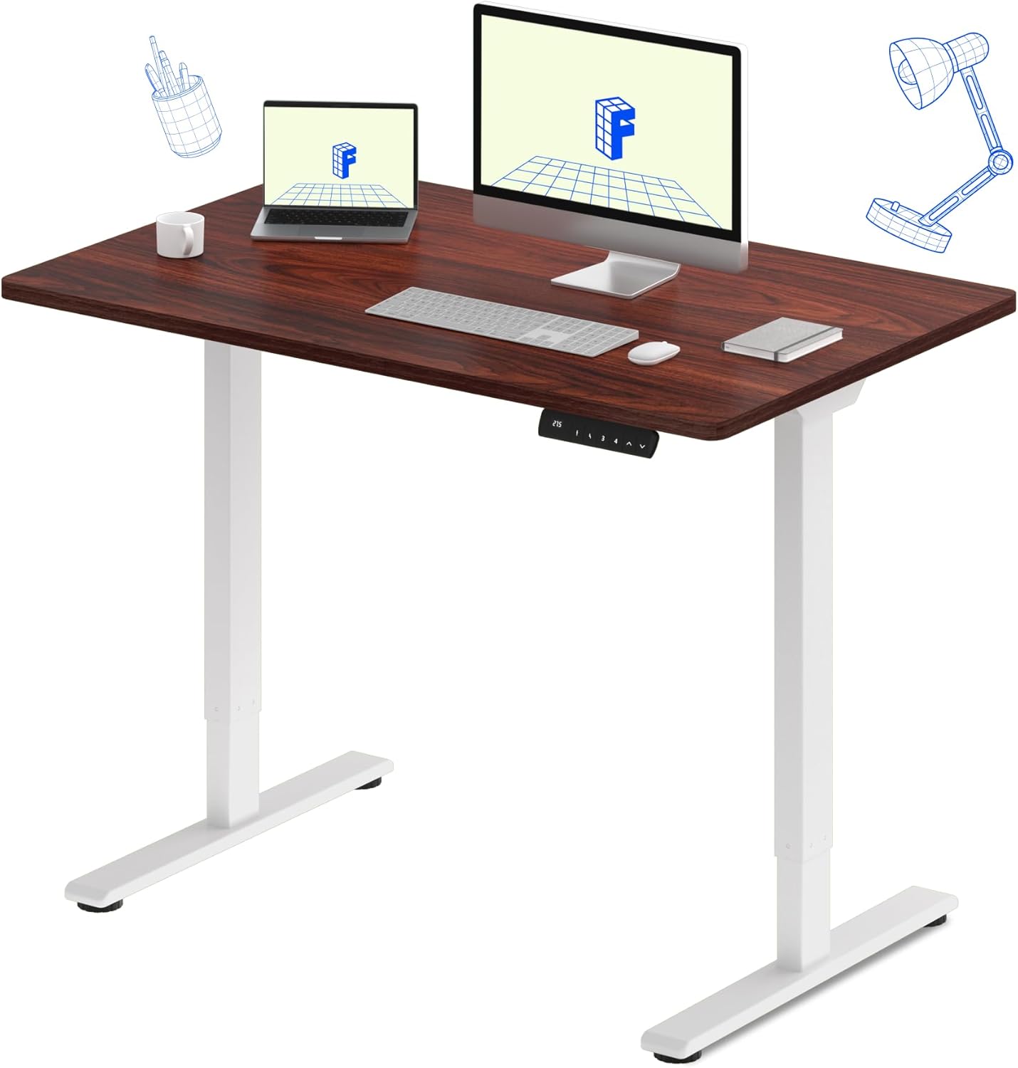 FLEXISPOT E3 Dual Motor Electric Standing Desk 48x24 Inch Whole-Piece Board Height Adjustable Electric Sit Stand Desk (White Frame + Mahogany Desktop, 2 Packages)
