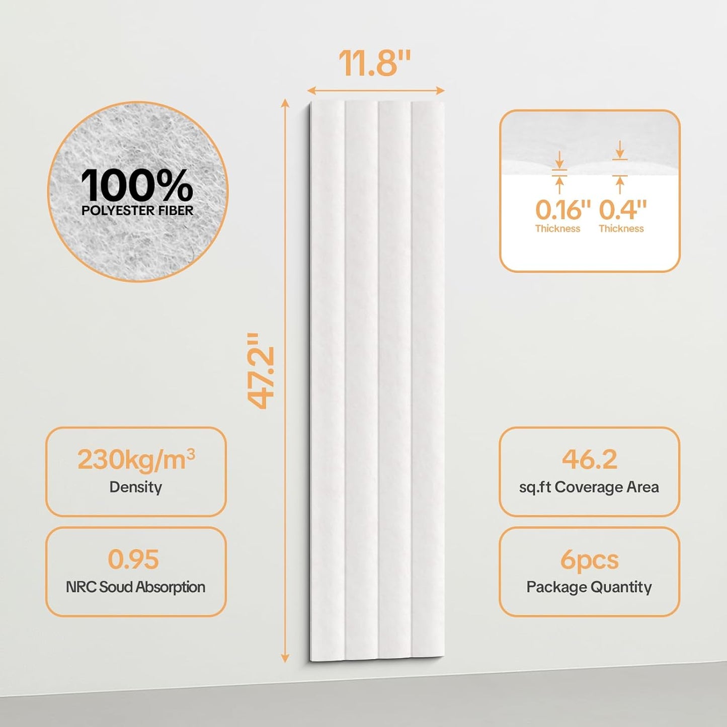 6 Pack Acoustic Panels 3D Wave Sound Proof Foam for Walls, 47.2"x11.8" Self-Adhesive Sound Absorbing Panels for Noise Reduction in Home Office & Studio, Decorative Wall Tiles (White)