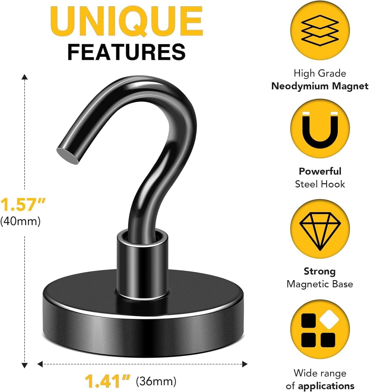 DIYMAG Black Magnetic Hooks, 150 LB Heavy Duty Strong Magnets with Hook, Rare Earth Neodymium Magnet for Cabins Cruise Ship Essentials 8 Packs