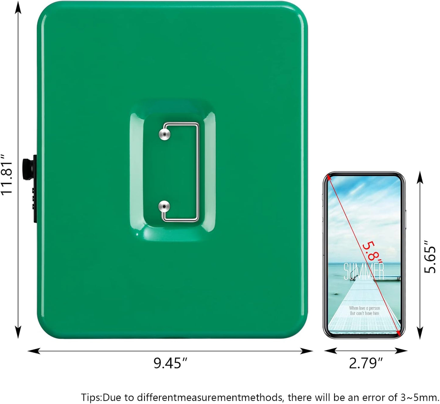 KYODOLED Metal Cash Box with Combination Lock Money Box for Cash Safe Metal Box with Money Tray for Security Lock Box 11.81"x 9.45"x 3.54" Green X Large