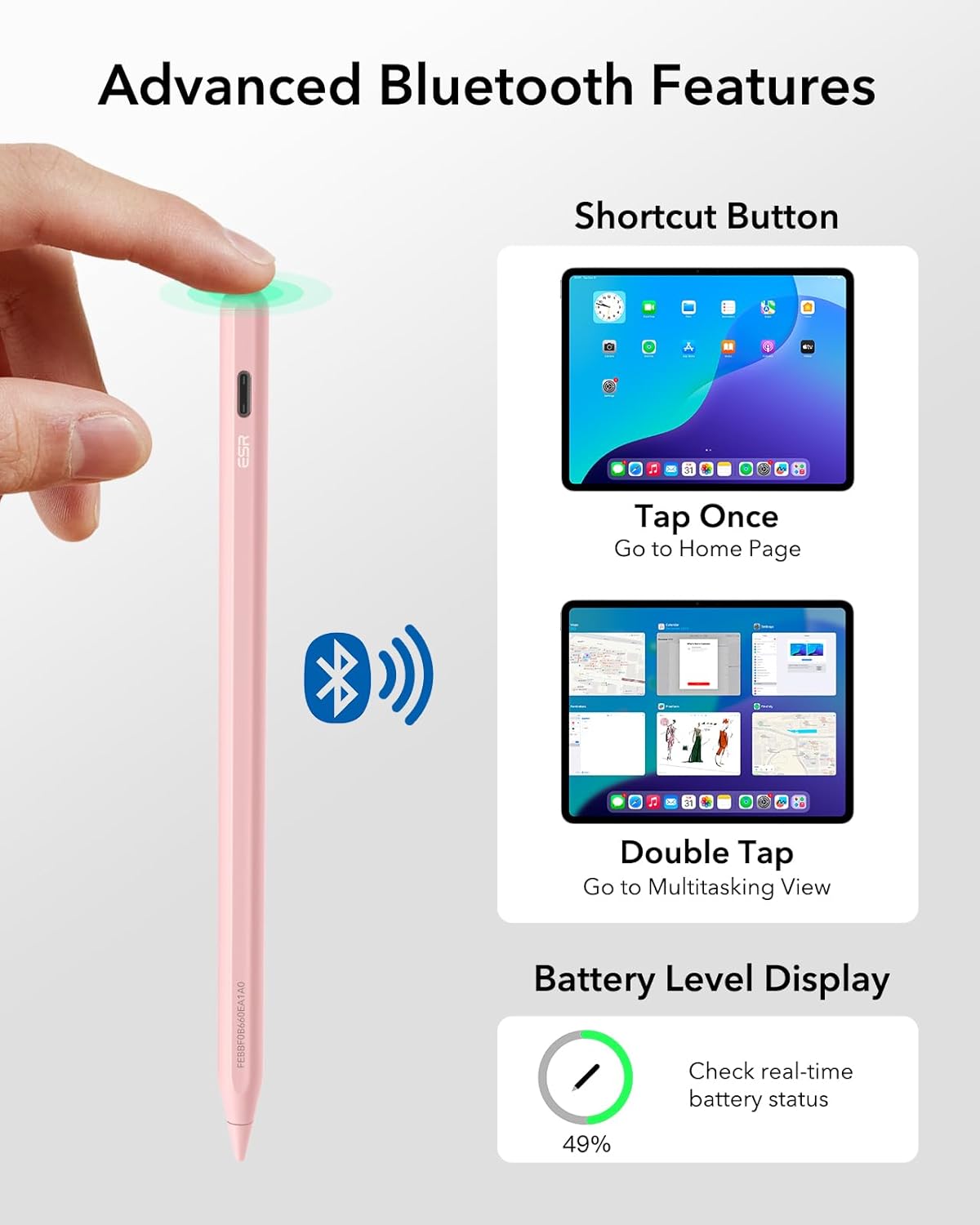 ESR Geo Digital iPad Pencil Findmy Compatible with Apple iPad 2018-2025,with Easy Shortcuts for Apple iPad A16/10/9/8 & Air 13/11 & Pro 12.9/13/11 & Mini 7/6/5,Pink(No Wireless Charging)