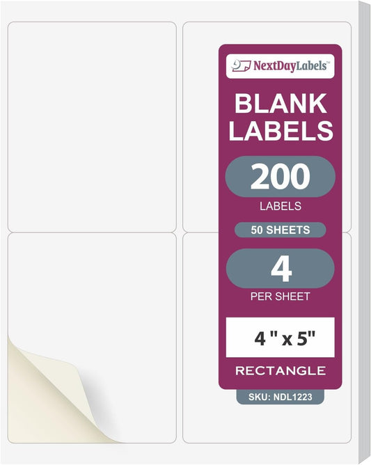 NextDayLabels – 4” x 5” Rectangular Sticker Labels for Printer - White Laser/Inkjet Printer Labels Return Address Labels Shipping Label Stickers (50 Sheets, 4 Per Sheet, 200 Labels)