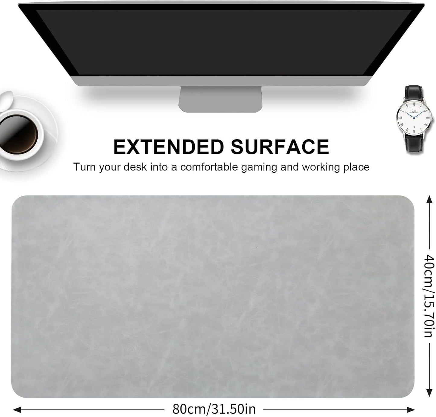 Crazy Horse Leather Desk Mat Large Mouse Pad Laptop Desk Pad Waterproof Non-Slip Table Blotter Desktop Writing Pad for Office and Home (Light Grey, 60x35cm)