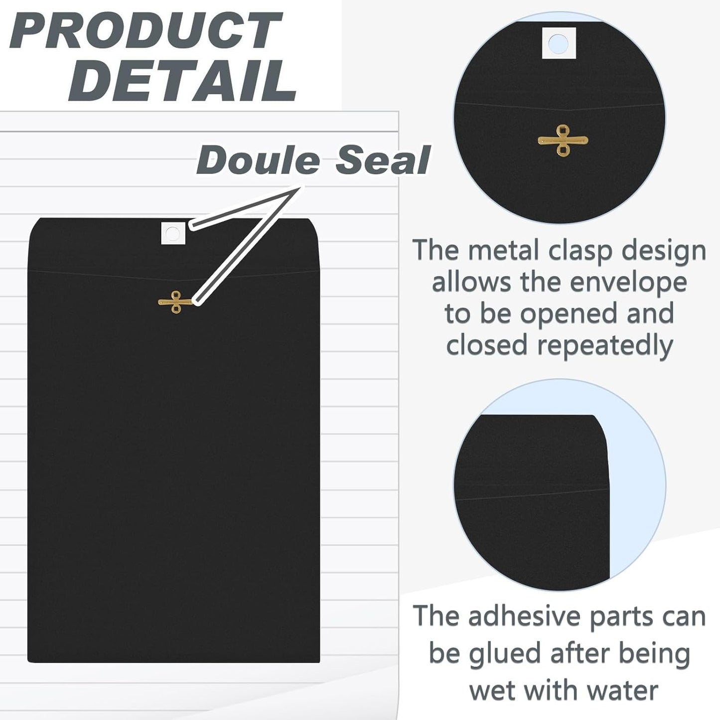 Geyee 100 Pcs Clasp Manilla Envelopes 9 x 12 Inch Gummed Colored Envelopes for Storing or Mailing for Home Office Business Supplies(Black)