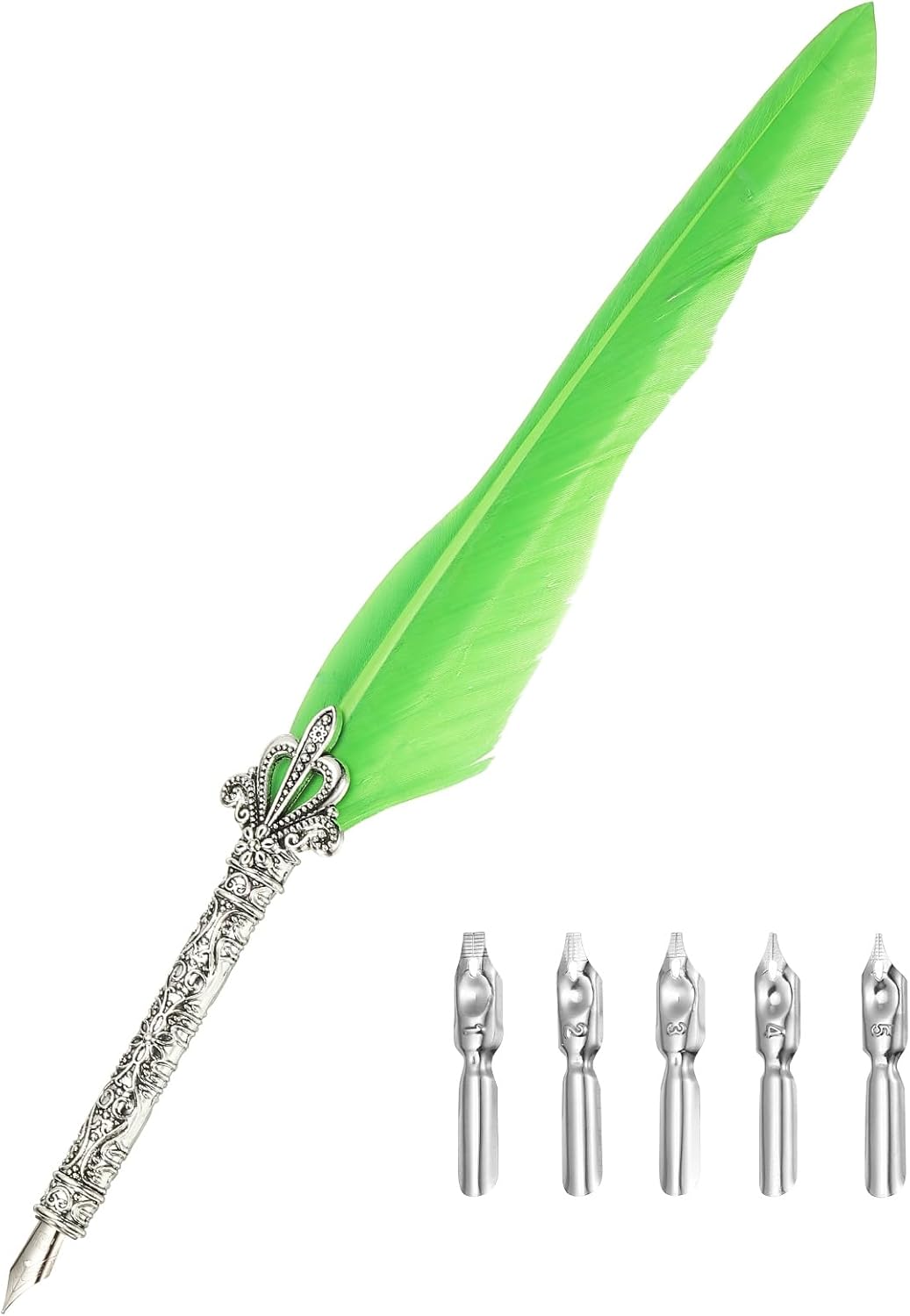 PATIKIL 26.5cm/10.4" Calligraphy Feather Quill Pen, Vintage Feather Dip Pen with 5 Replacement Nibs for Calligraphy Writing Wedding Office Gifts, Fruit Green