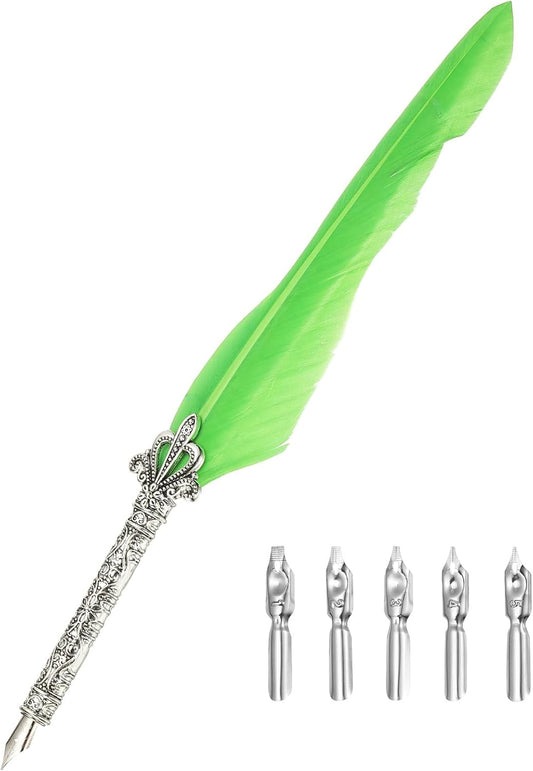 PATIKIL 26.5cm/10.4" Calligraphy Feather Quill Pen, Vintage Feather Dip Pen with 5 Replacement Nibs for Calligraphy Writing Wedding Office Gifts, Fruit Green