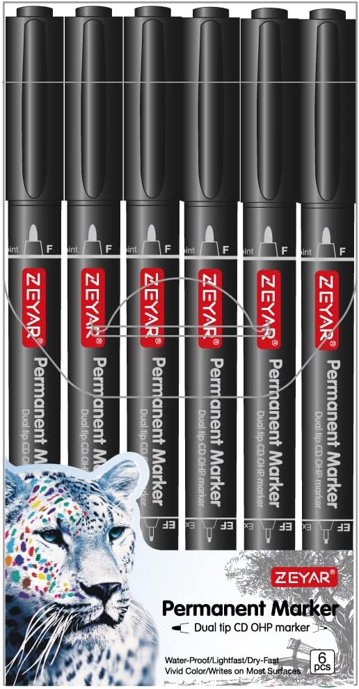 ZEYAR Twin Tip Permanent Markers, CD/DVD Markers, 6 Black Color, Ultra Fine Point and Fine Point for Signature and Marking (6 Black Color)