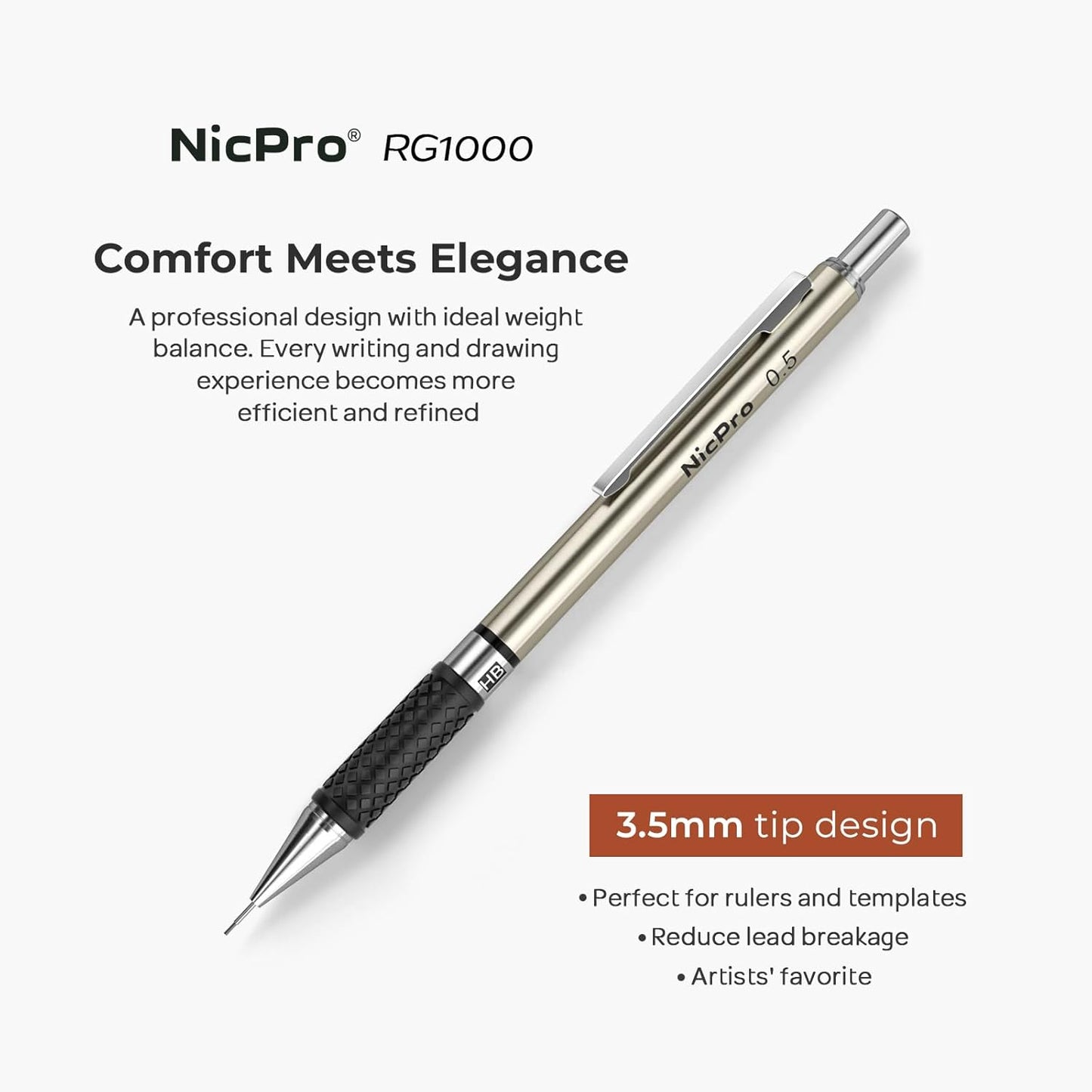 Nicpro RG1000 0.5 mm Art Mechanical Pencil Set in Storage Case, 3 PCS Metal Drafting Pencil Lead Pencil with 6 Tube HB Refills, 3 Erasers, 9 PCS Eraser Refills for Artist Writing, Drawing, Sketching