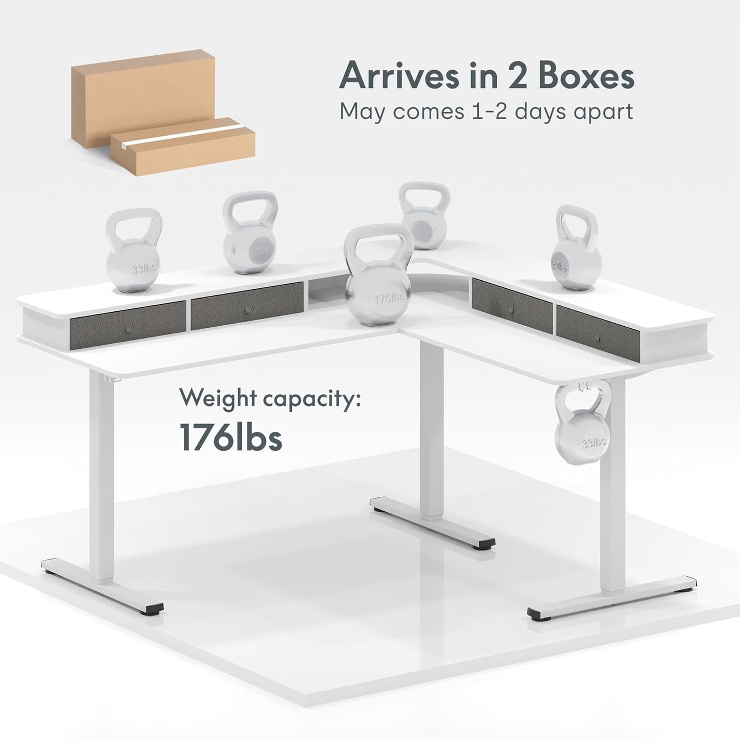 FLEXISPOT 63" L Shaped Standing Desk with Shelf Electric Corner Table, Drawers, Adjustable Computer Workstation for Home, Office,USB Charging Port, 63x55in, White Top + White Frame