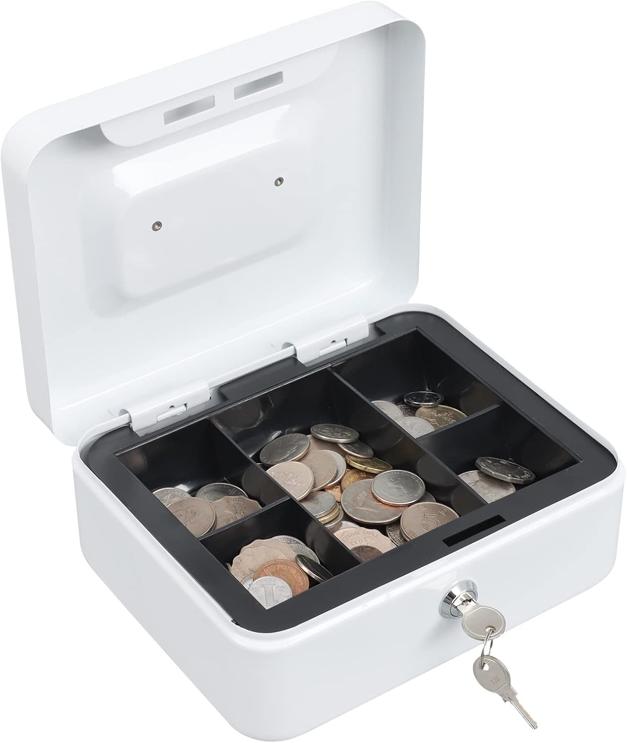 xydled Locking Steel Medium Cash Box with Removable Coin Tray and Key Lock,7.87"x 6.30"x 3.54",White