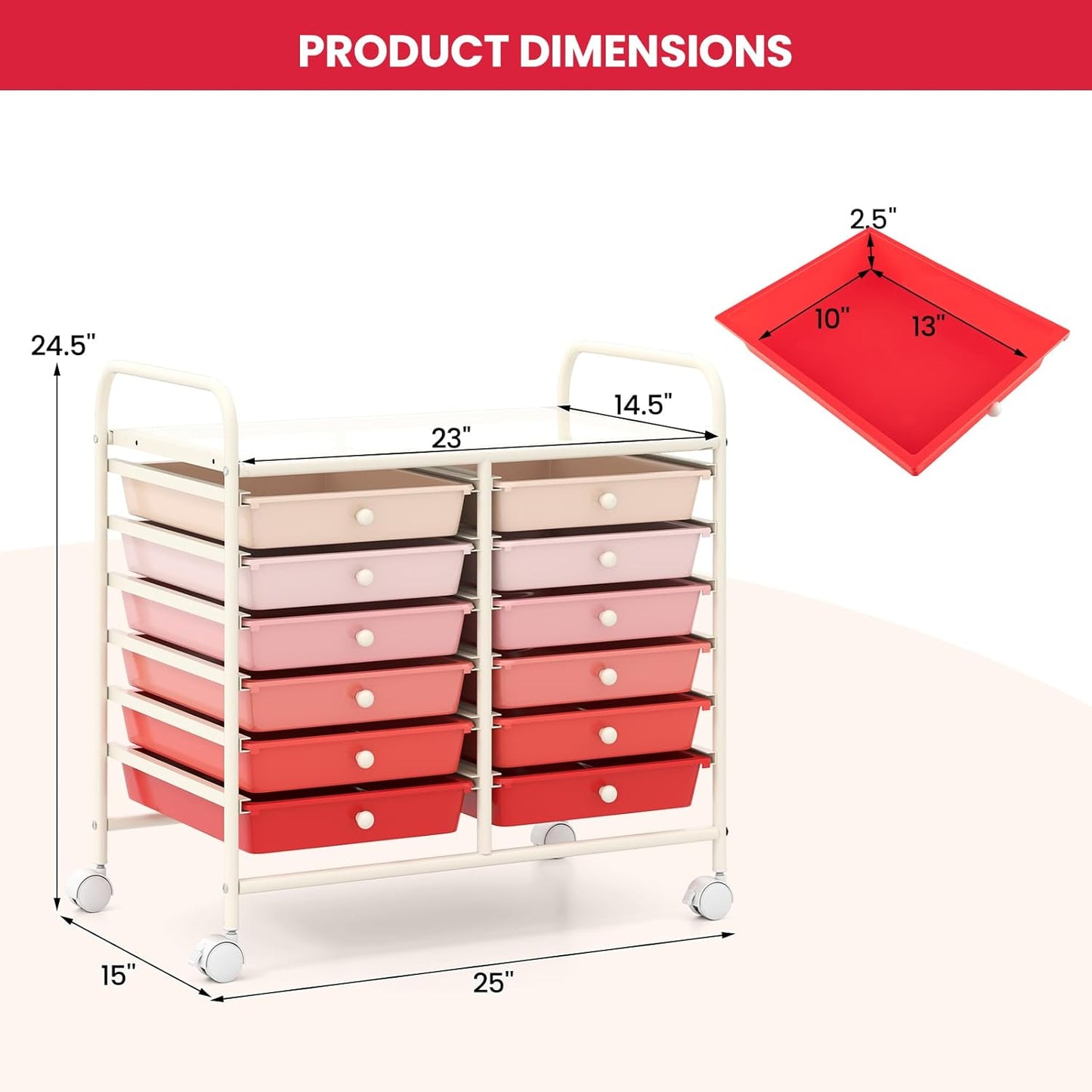 Giantex 12 Drawers Rolling Cart, Mobile Storage Drawer Cart, Classroom Organizer Cart for Office School Supplies Tools Scrapbook Paper Craft Small Printer, Utility Cart on Wheels, Pink Gradient