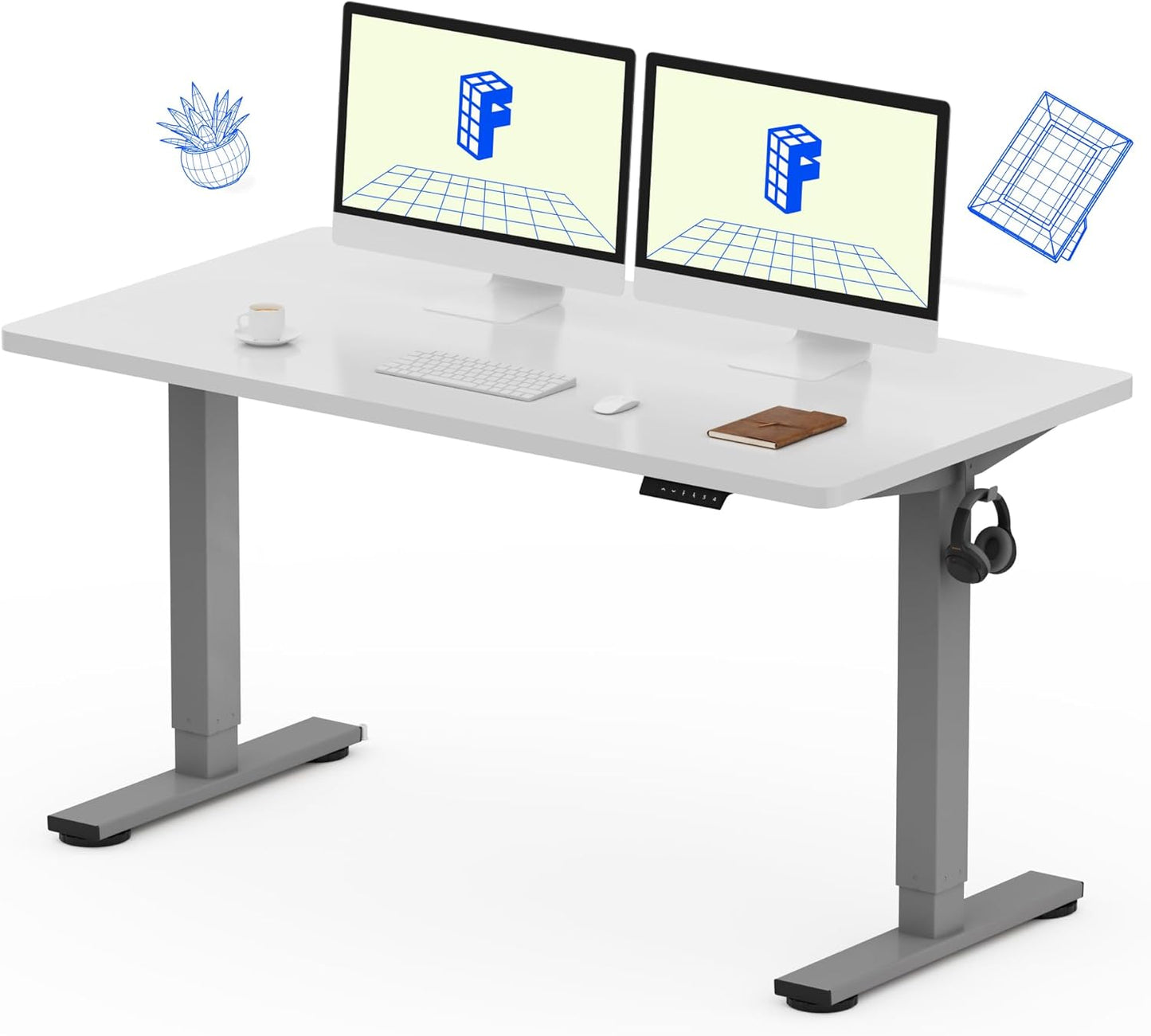 FLEXISPOT EN1 Whole-Piece Standing Desk 55 x 28 Inches Electric Stand Up Desk for Workstation and Home Office (Silver Frame + 55" White Top, 2 Packages)