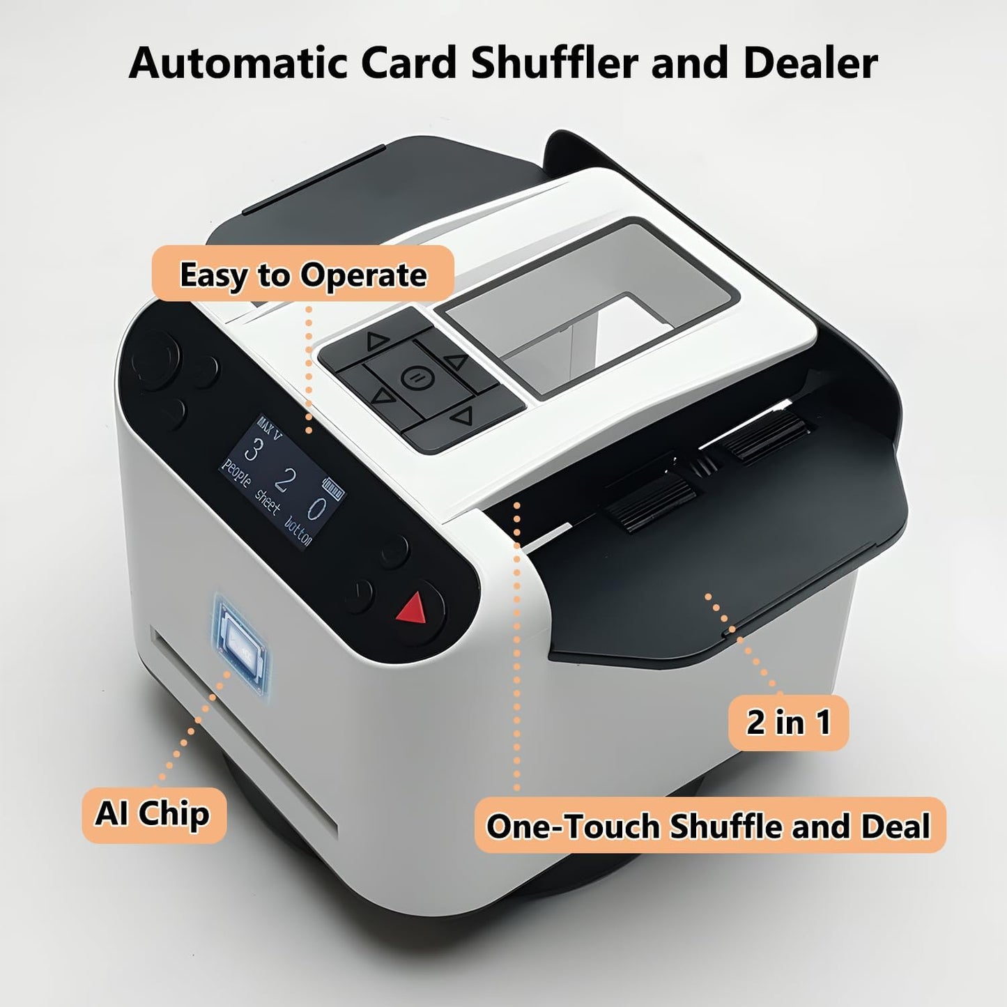 5th All in One Card Shuffler and Dealer | Hands Free Shuffling or Dealing | One-Touch Deal After Shuffle| RC Card Calling| Multi-Card Dealing and More - White, Woks with UNO, Poker, More