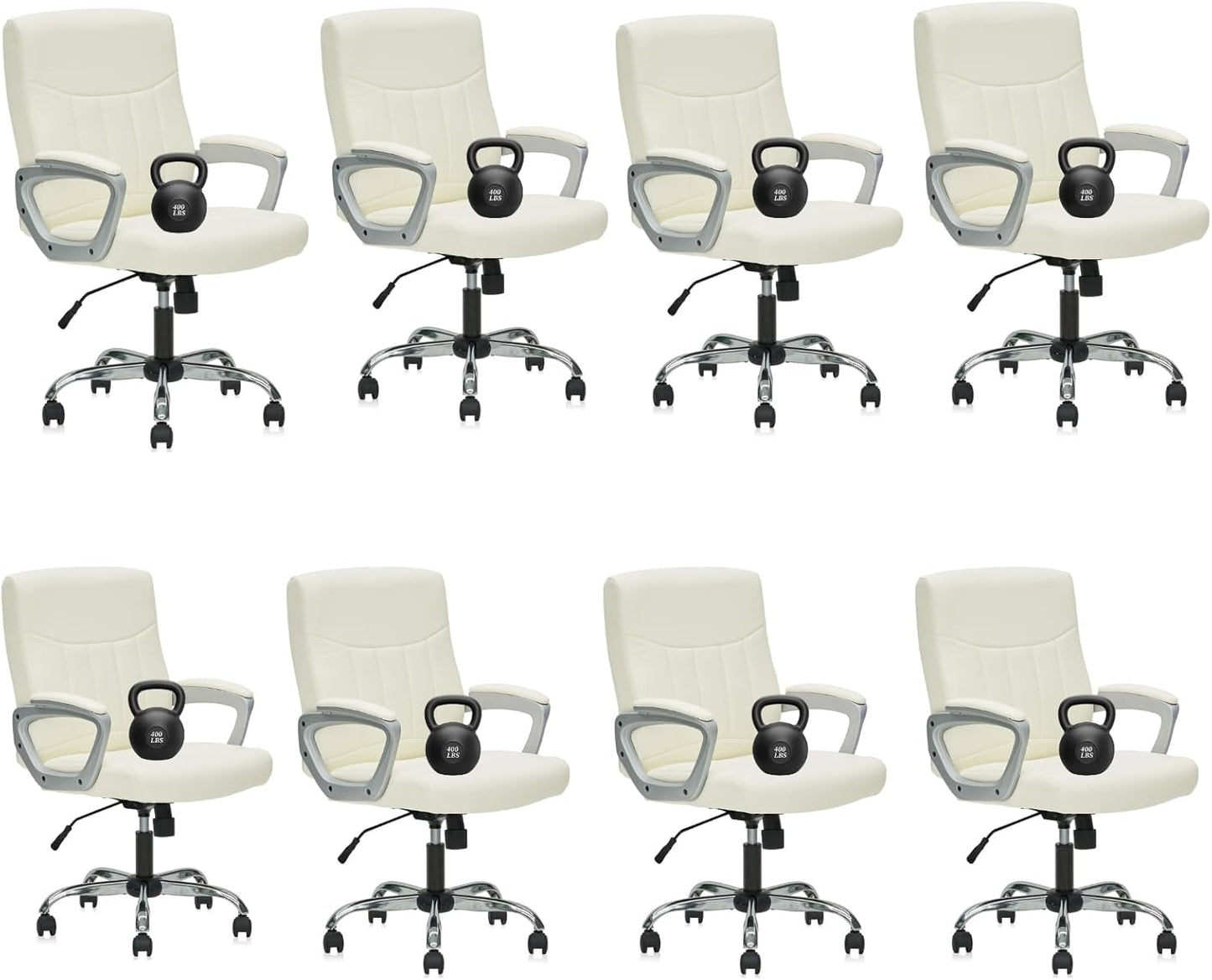 CLATINA Office Computer Desk Chair Executive Mid Back Ergonomic Managerial Chair with Lumbar Support Comfortable Adjustable PU Leather Home Office Chair Swivel, White 8PK