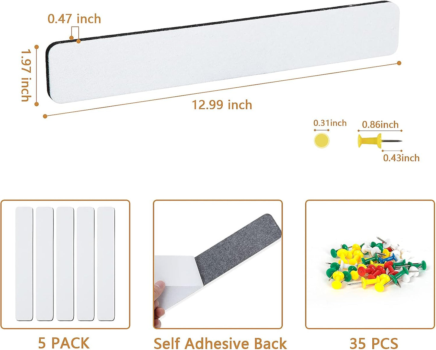 5 Pack Felt Pin Board Bar Strips Bulletin Board for Bedrooms Offices Home Wall Decoration, Notice Board Self Adhesive Cork Board with 35 Push Pins for Paste Notes, Photos, Schedules (White)