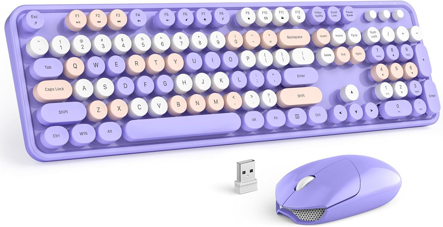 MOFII Wireless Keyboard and Mouse Combo Purple Colorful Full Size Round Key Typewriter Keyboards, 2.4G USB Keyboard Mice with 2-1 Nano Dongle for Computer Laptop PC Desktop Chromebook Smart TV