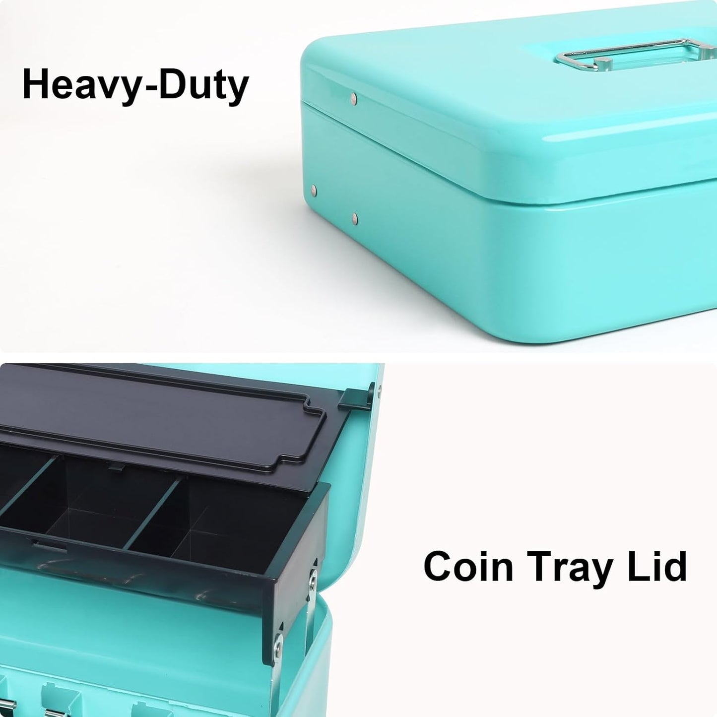 Jssmst Locking Metal Cash Box with Coin Lid, 11.8L x 9.5W x 3.5H Inches, Safe Money Box with Key Lock, Light Blue, SM-CB0519LB