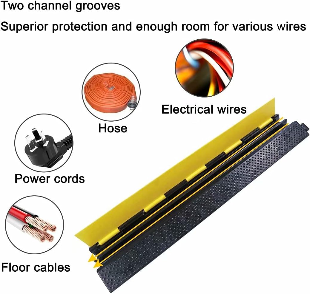 Rubber Cable Ramp Cord Cover Cable Protector Ramps Wire Hose Protective 2 Channel 22000Lbs Load Capacity Traffic Speed Bump for Asphalt Concrete Gravel Driveway Indoor Outdoor, 4 Pack