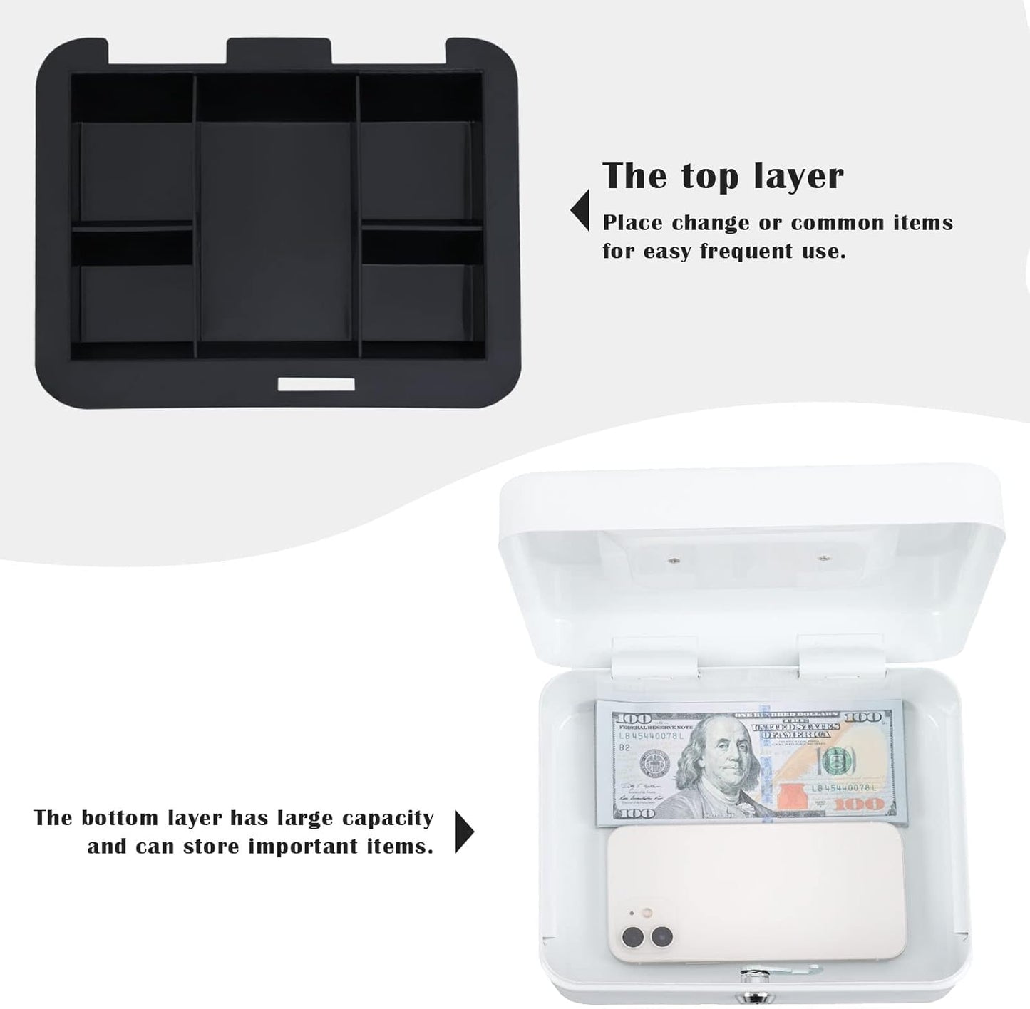 xydled Locking Steel Medium Cash Box with Removable Coin Tray and Key Lock,7.87"x 6.30"x 3.54",White