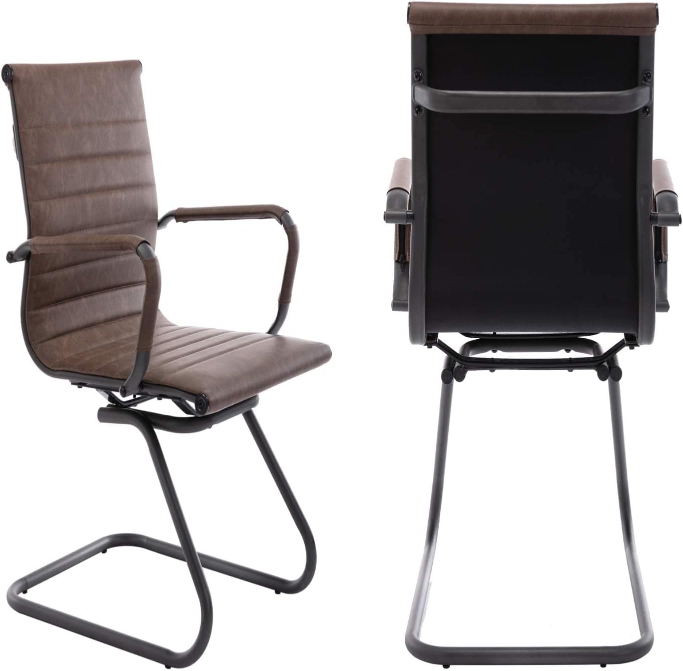 Office Desk Chair No Wheels Set of 4 PU Leather Computer Chairs Mid Back Guest Chairs for School Reception Conference Waiting Room, Vintage Brown