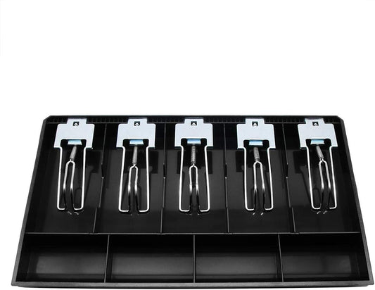 Cash Register Drawer Insert Tray 5 Bill/4 Coin Compartments with Metal Clip for Money Storage, Black