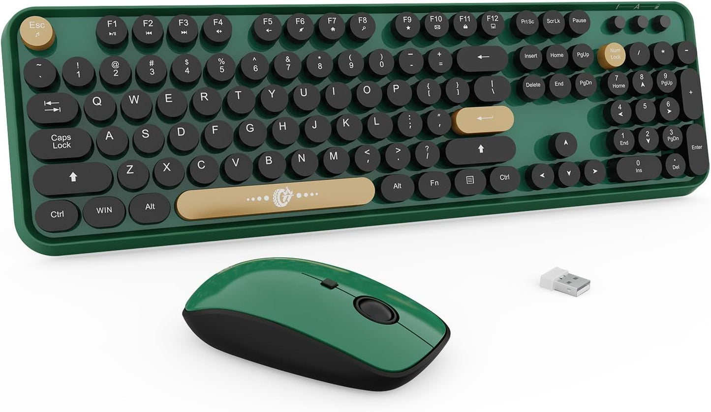 Wireless Keyboard and Mouse Combo, 104 Round Keys Cute Colorful Keyboard and Mouse with Retro Typewriter for PC/Mac/Laptop/Tablet/Computer/Windows Green