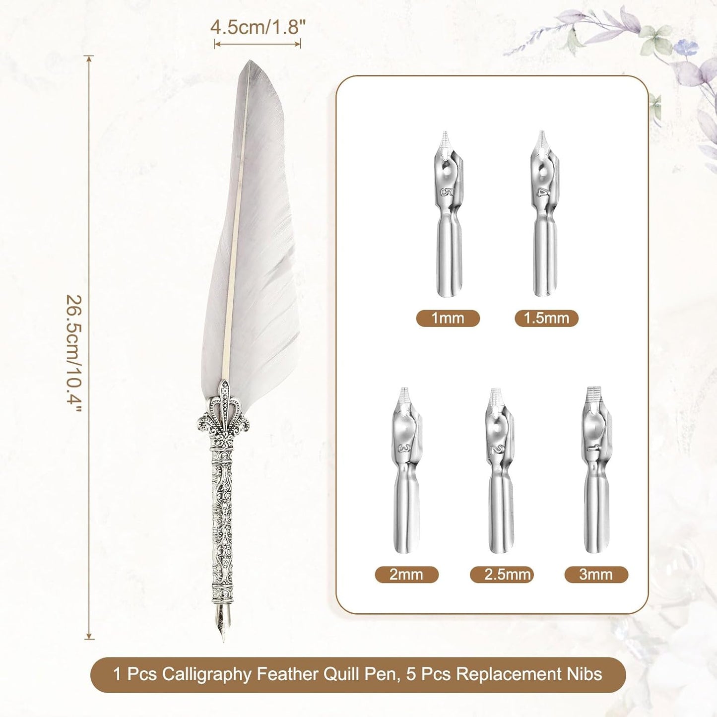 PATIKIL 26.5cm/10.4" Calligraphy Feather Quill Pen, Vintage Feather Dip Pen with 5 Replacement Nibs for Calligraphy Writing Wedding Office Gifts, Gray