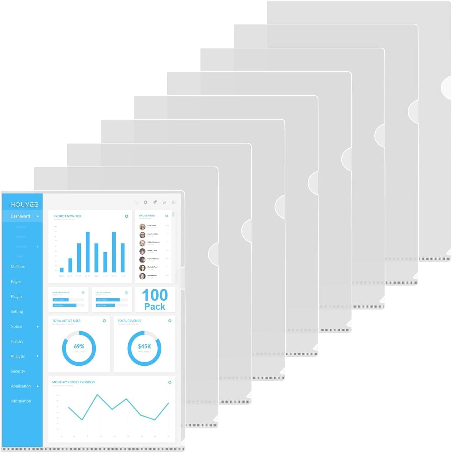 HOUYEE 100 Pack Heavy Duty Clear Document Folder, L-Type Folder Plastic Paper Sleeve Copy Safe Project Pockets Fit for Letter Size Paper, for Home, Office, and School Use