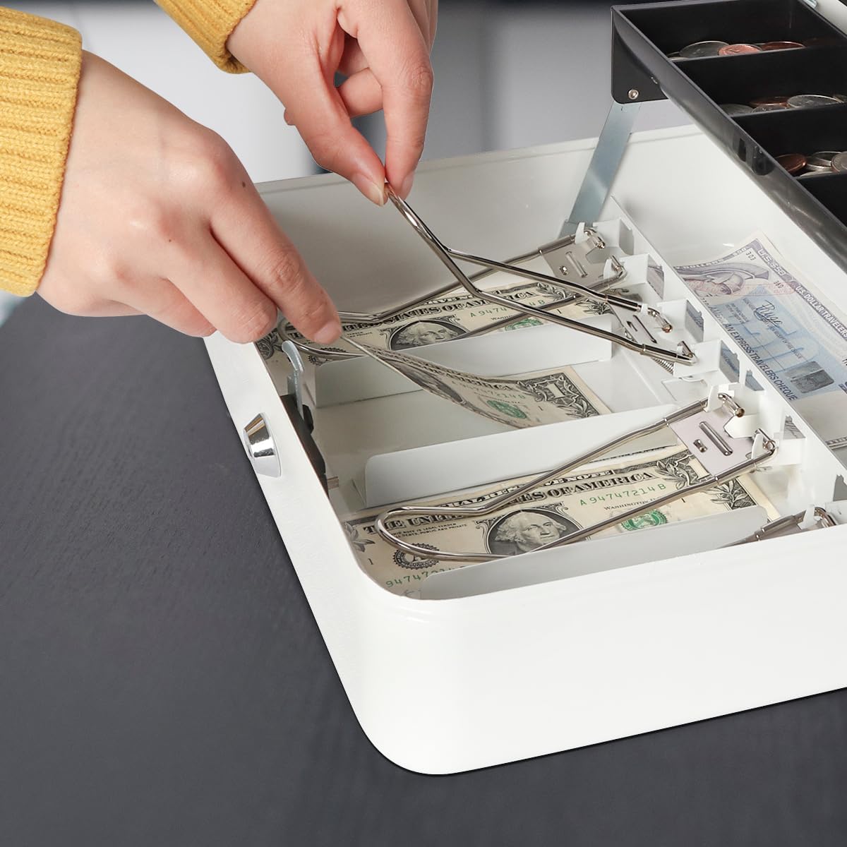 Jssmst Locking Large Metal Cash Box with Money Tray, Money Box with Key Lock, White, SM-CB0504L