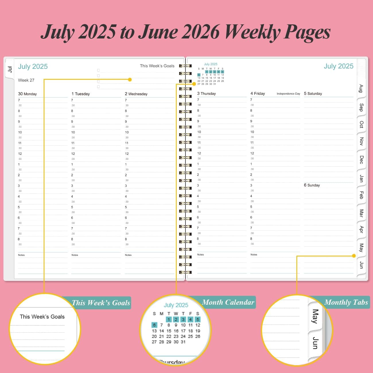 2025-2026 Appointment Book & Planner - 8.5" x 11" Daily Hourly Planner 2025 from July 2025 - June 2026, Weekly Appointment Book with 30-Minute Interval, Pink