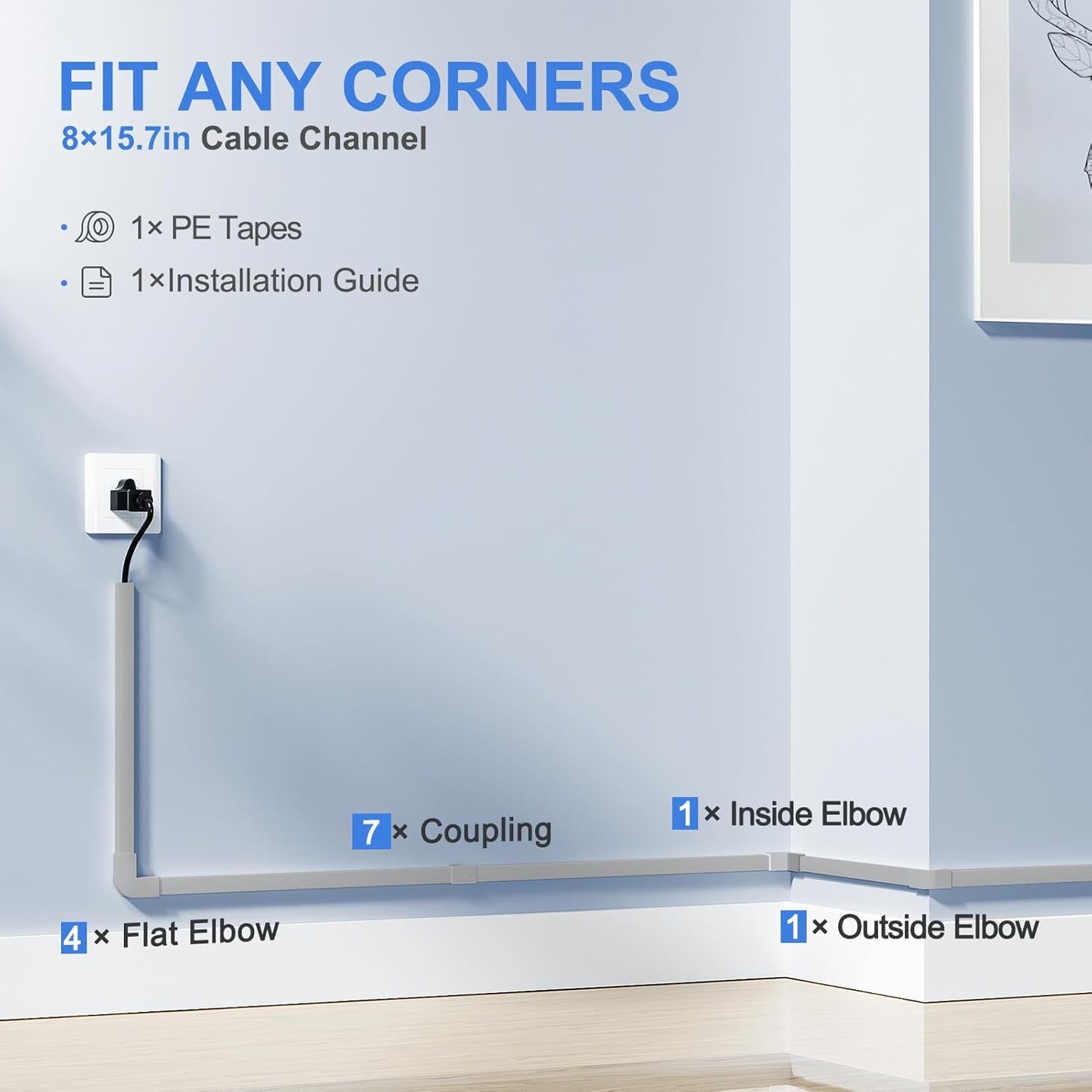 Yecaye 125in Grey Cord Hider, One-Cord Channel Cord Cover on Wall, Cable Management Kit, Wire Covers for Cords, Cable Raceway, W0.59in H0.4in, Grey