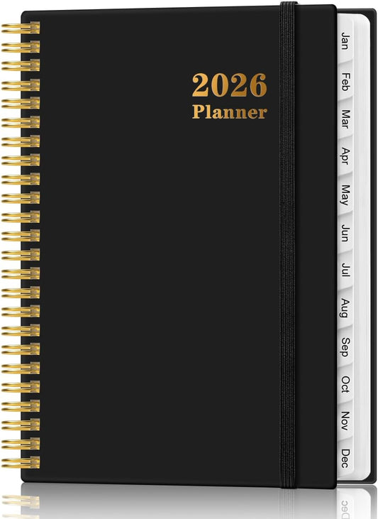 2026 Planner - Weekly and Monthly Calendar Planner from Jan 2026 - Dec 2026, Planner 2026 Spiral Bound with 12 Monthly Tabs, Inner Pocket, Perfect for School Office Supplies, 6.4" x 8.5", Black