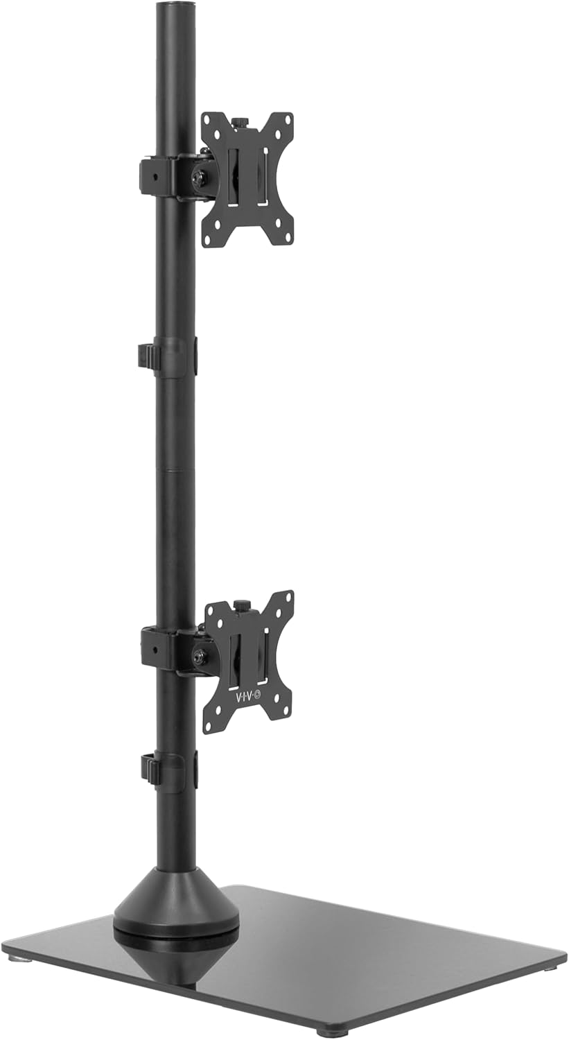 VIVO Dual Monitor Desk Stand with Tempered Glass Base, Free-Standing LCD Mount, Holds in Stacked Vertical Position 2 Ultrawide Screens up to 34 inches, Black, STAND-V002LG