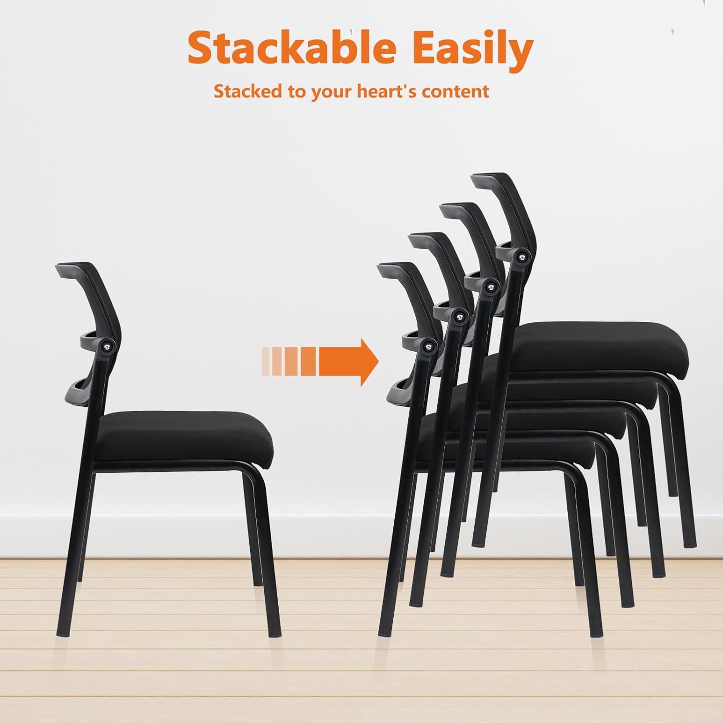 CLATINA Stacking Armless Office Waiting Room Chair with Adjustable Backrest, Stackable Mesh Guest Reception Desk Chairs with Ergonomic Lumbar Support for Home Conference Lobby Side School, Black