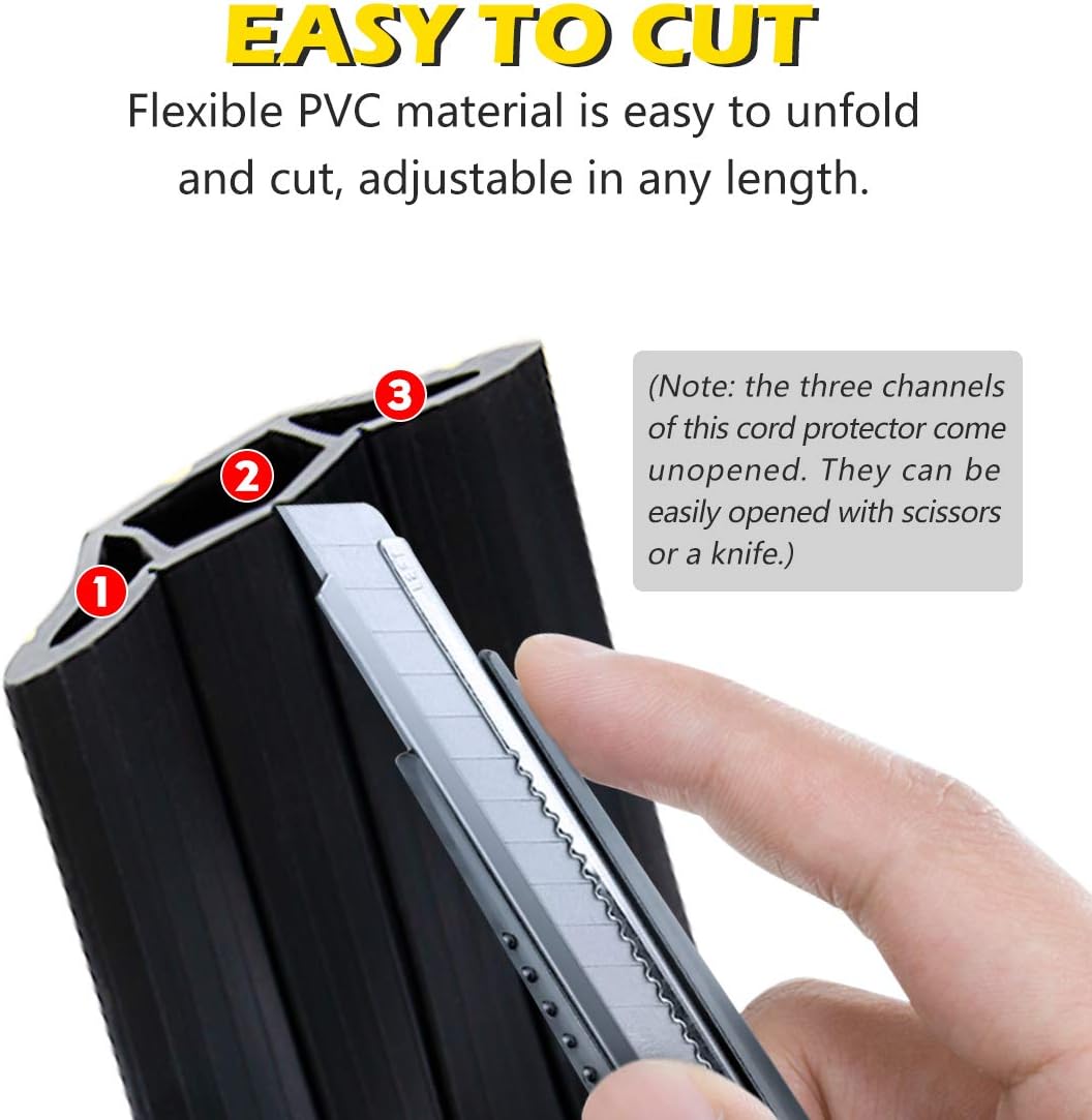Papillon Cable Protector 3-Channel Heavy Duty Cord Cover - Floor Wire Concealer Easy to Unroll for Home Office Warehouse (6.5Ft, Black)