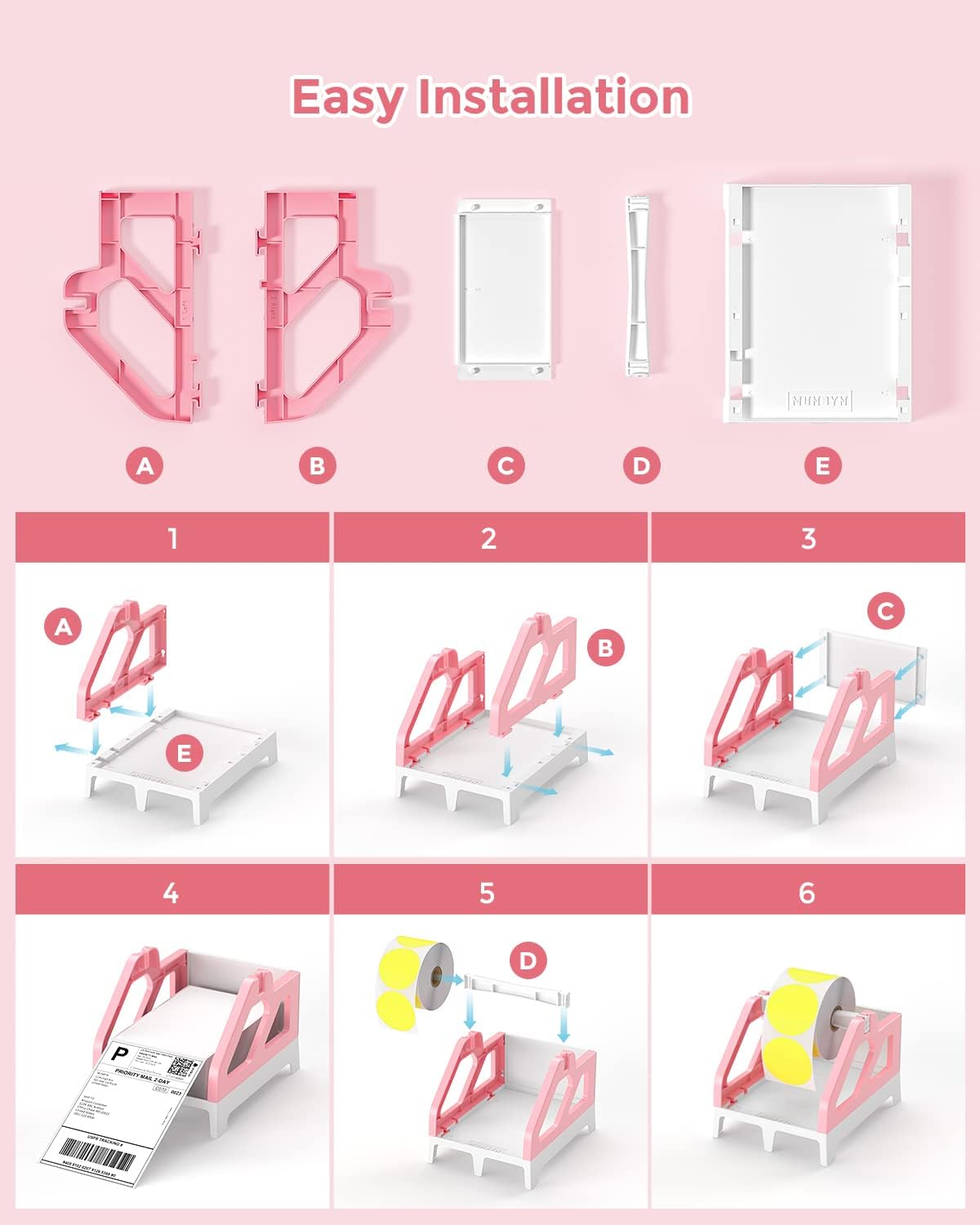 MUNBYN Label Holder for Rolls and Fan-Fold Labels, Thermal Sticker Roll Holder for Desktop Thermal Printer Shipping Supplies Industrial Paper, Pink