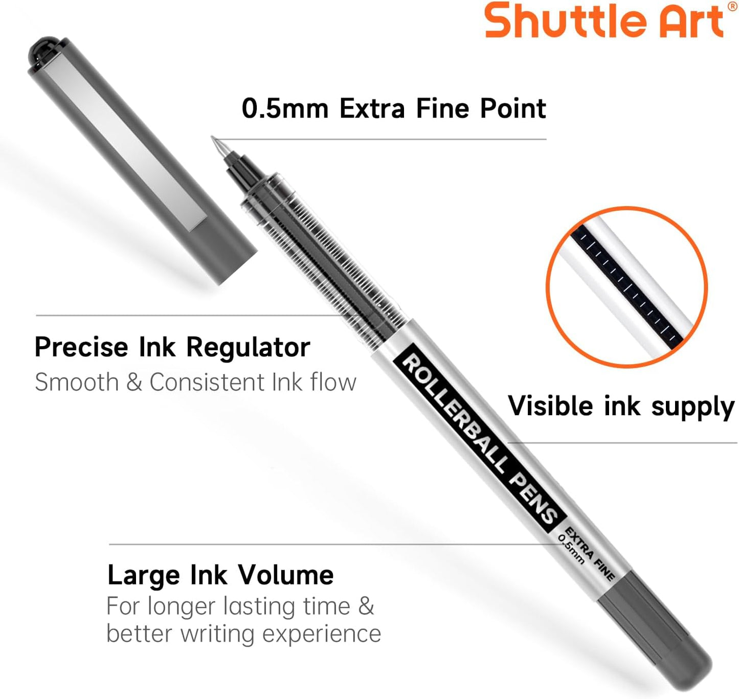 Shuttle Art RollerBall Pens, 25 Pack Black Fine Point Roller Ball Pens, 0.5mm Liquid Ink Pens for Writing Journaling Taking Notes School Office