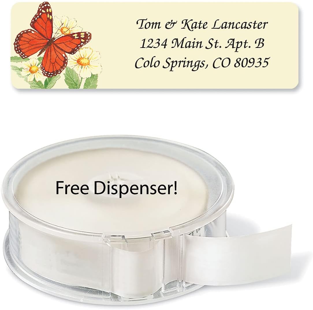 Butterflies Rolled Personalized Return Address Mailing Labels with Dispenser, Set of 250, 5 Designs, Small ¾ x 2½ Inch Size, Custom Self-Adhesive Sticker Roll, by Colorful Images