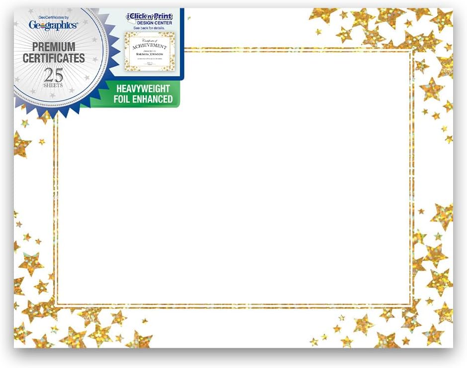 Gold Star Award Certificates, Holographic Gold Foil Design, 8.5”x11”, Professional Certificate Paper, Pack of 25 by Geographics®
