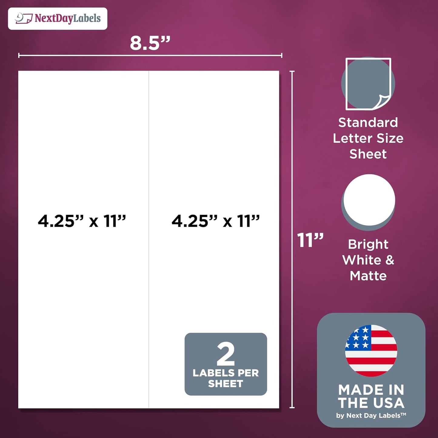 NextDayLabels – 4-1/4" x 11" Rectangular Sticker Labels for Printer - White Laser/Inkjet Printer Labels Return Address Labels Shipping Label Stickers (100 Sheets, 2 Per Sheet, 200 Labels)