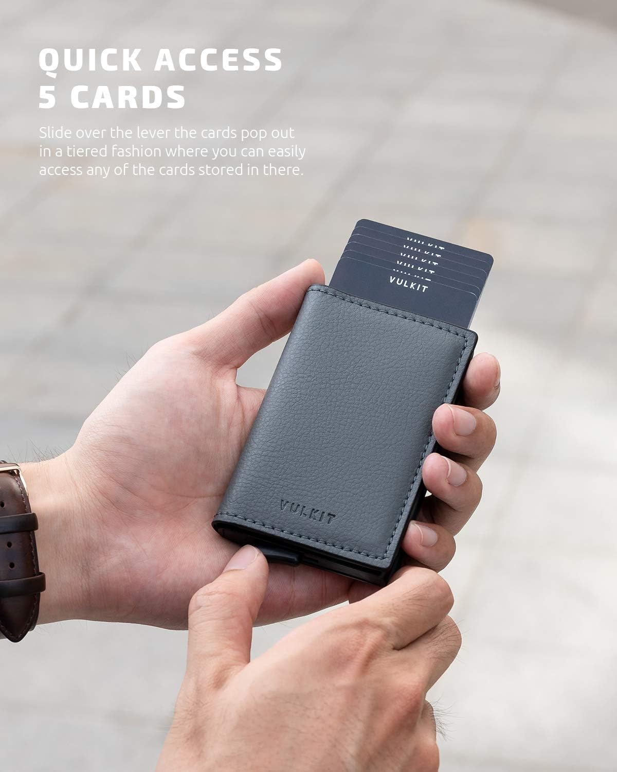 VULKIT Credit Card Holder RFID Blocking Leather Automatic Pop Up Wallet Aluminum Slim Pocket Business Card Case