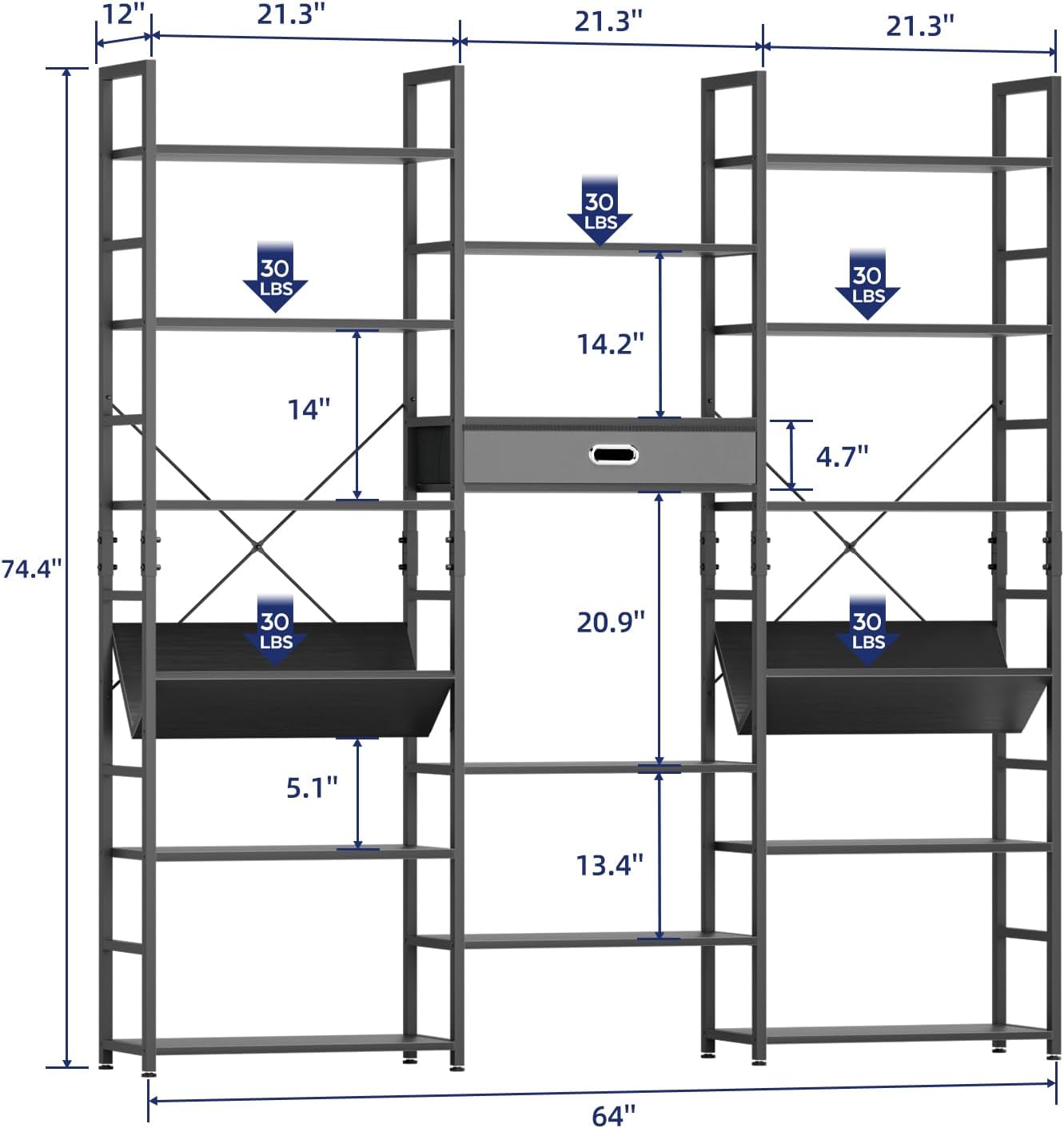 NUMENN Bookcases and Bookshelves Triple Wide 6 Tier Bookshelf, Large Etagere Bookshelf with Storage Drawer, Adjustable Open Display Shelves for Living Room Bedroom Home Office, Black
