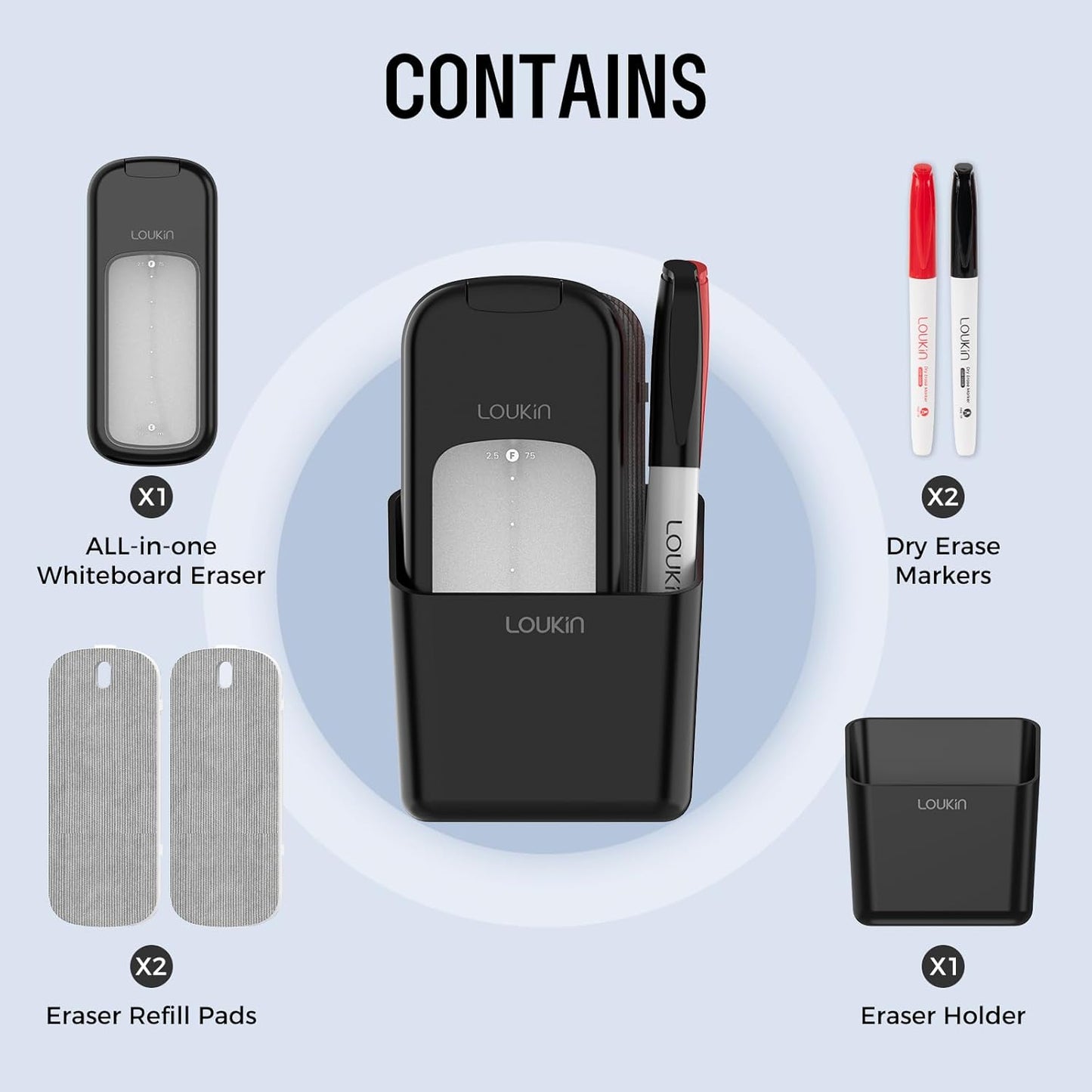 loukin Inventive All-in-One Dry Erase Eraser, Novel Replaceable Whiteboard Eraser with Built-in Cleaner, Unique Glass Board Erasers, Includes 2 Refill Pads, 1 Magnetic Holder, 2 Markers