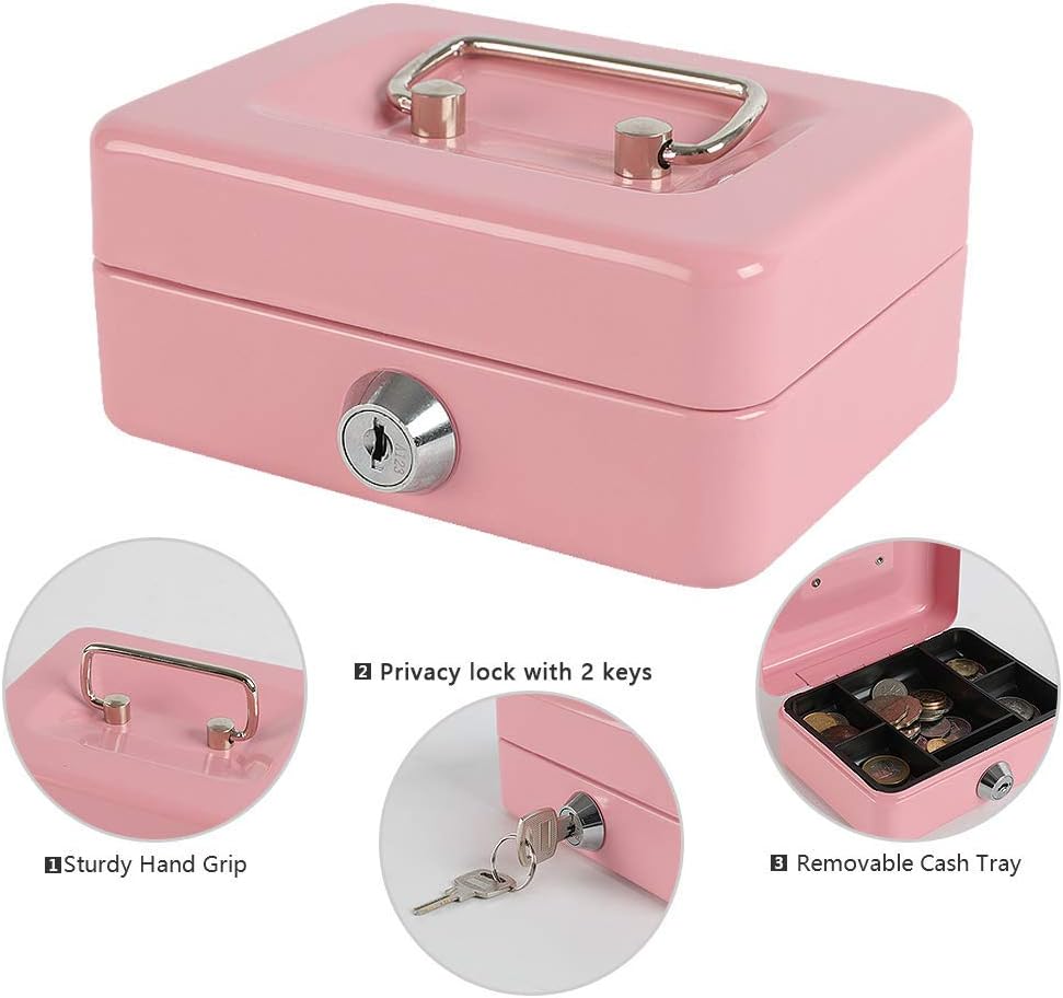 xydled Locking Steel Mini Cash Box with Removable Coin Tray and Key Lock for Kids, 4.92" x 3.74" x 2.36",Pink