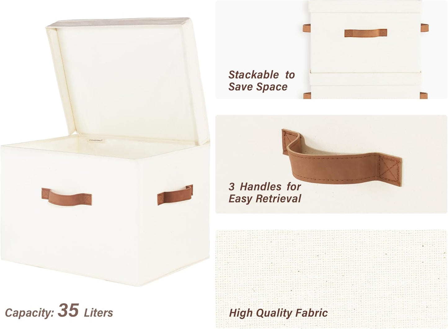 StorageWorks Fabric Storage Bins with Lid, Decorative Storage Boxes for Shelves, Stackable Closet Organizer Basket with Handles, Jumbo, Ivory White, 2-Pack